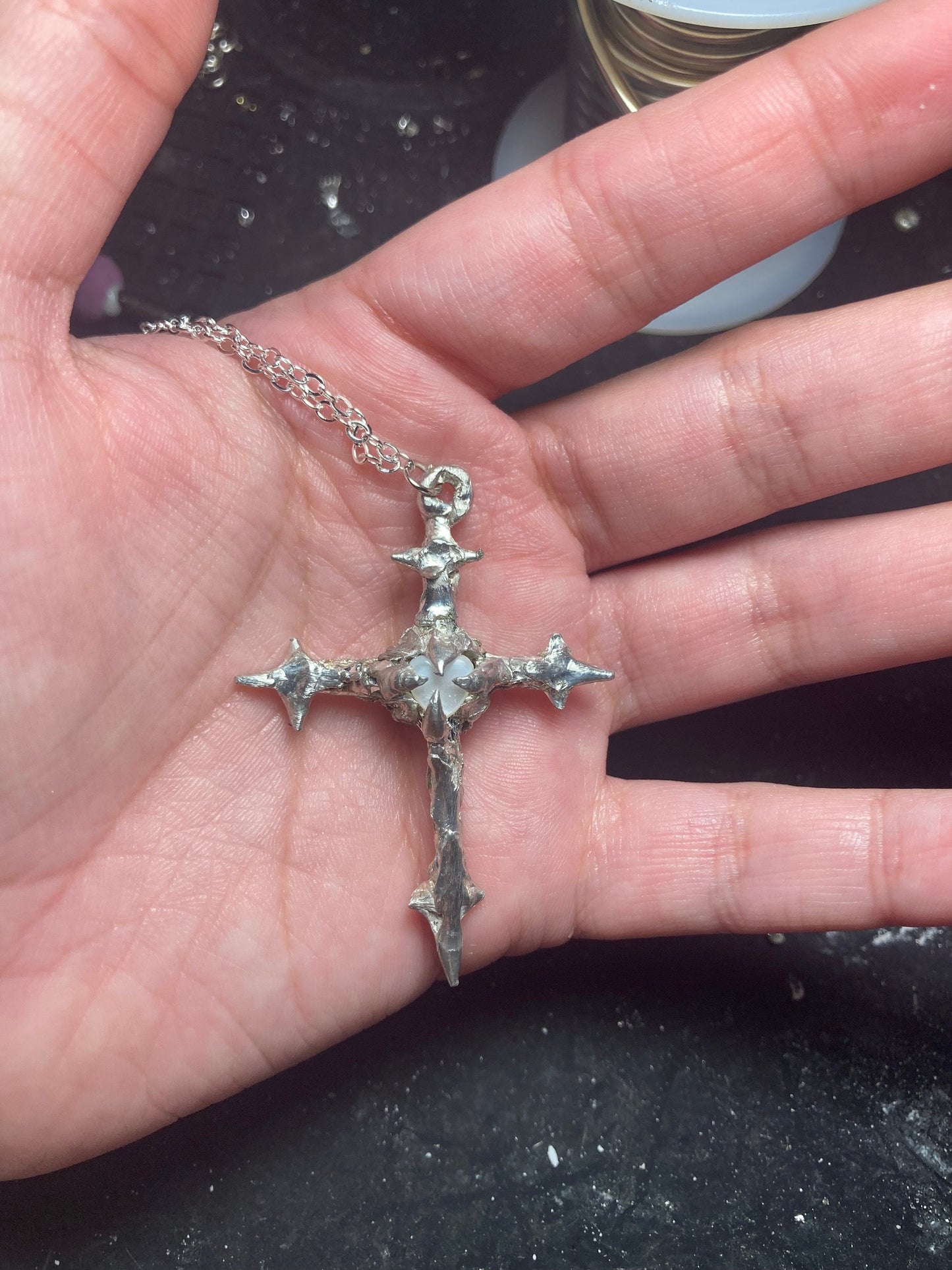 Soldered Pearly Heart Cross Necklace | Lead Free